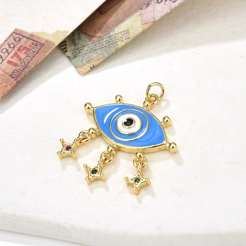 Evil Eye Anhänger Kupfer 18K Vergoldet Blau Emaille Stern Quaste Bunter Zirkon Vintage Türkischer Schmuck Für Damen