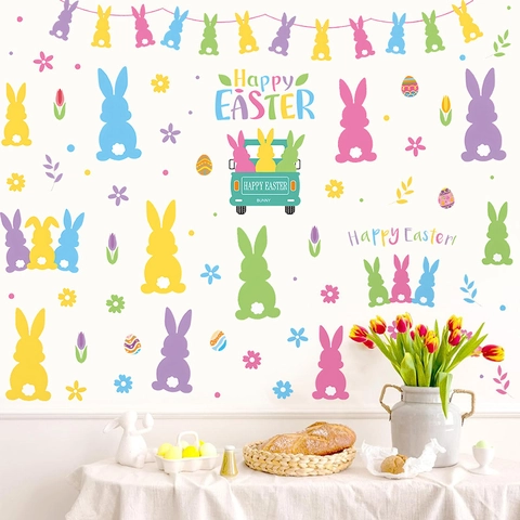 Adesivi Murali Pasqua Simpatico Coniglio Cartone Animato Uovo Colorato PVC Impermeabile Per Camera Bambini Casa