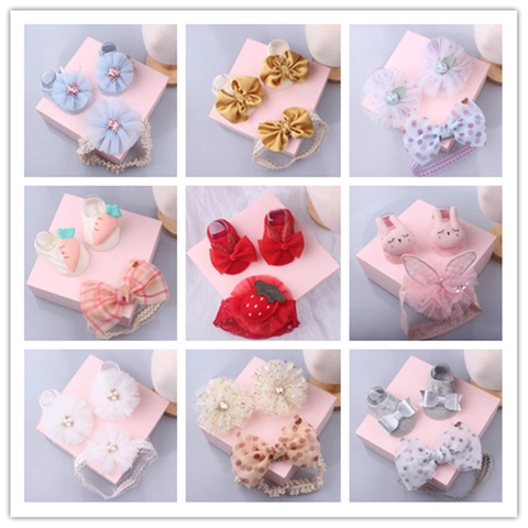 Baby Girls Socks And Headband Cotton Lace Chiffon Floral Bow Princess Accessories Infant Toddler Soft Breathable Cute