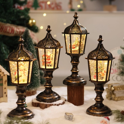 Christmas Snow Globe Lantern Musical LED Glowing Night Light Vintage Bronze Swirling Glitter Decor For Holiday Gift