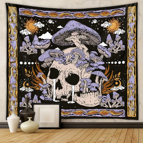 Skull Mushroom Tapestry Wall Hanging Bohemian Celestial Sun Moon Stars Aesthetic Goth Room Decor Polyester Fabric