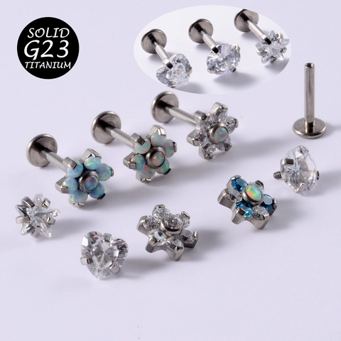 G23 Titanium Labret Stud Oorbellen Interne Schroefdraad Platte Achterkant Zirkonia Opaal Bloem Hart Ster Piercing Sieraden