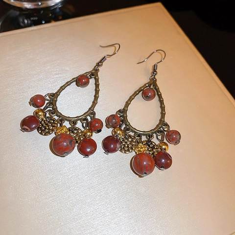 Boucles Doreilles Bohèmes Vintage Goutte Deau Glands Alliage Cadre Creux Ethnique Perles De Pierre Rouge Brun Femmes
