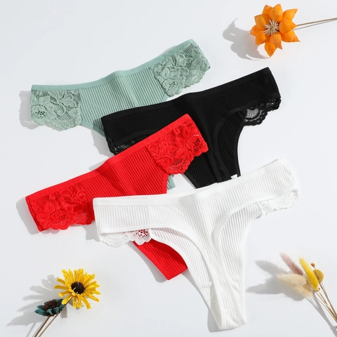 Women Thong Lace Ribbed Cotton Underwear Low Waist Breathable Sexy Lingerie Panties Girls Comfort Stretchy