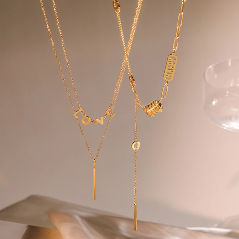 Stainless Steel Gold Plated Necklace For Women Minimalist Y-Shaped Layered LOVE HAPPY Letter Pendant Fashion Jewelry