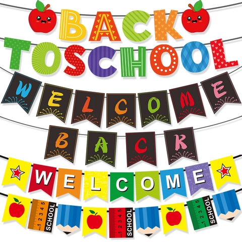 Back To School Welcome Back Banner Paper Colorful Pencil Apple Ruler Patterns Classroom Kindergarten Party Decorations