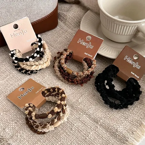 Knitted Fabric Hair Ties High Elasticity Retro Coffee Beige Series Durable Non Damaging Elegant Hair Ropes For Women Girls