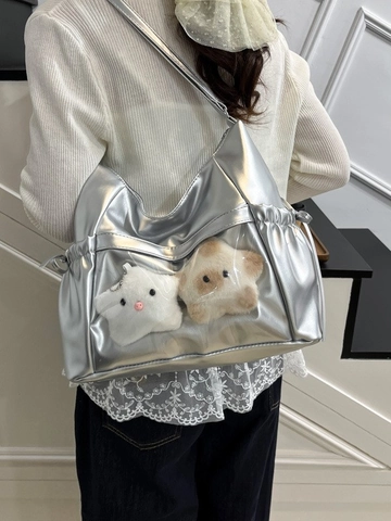 Itabag Transparent Window PU Leather Shoulder Bag Large Capacity Crossbody Backpack With Plush Star Charms Y2K Harajuku