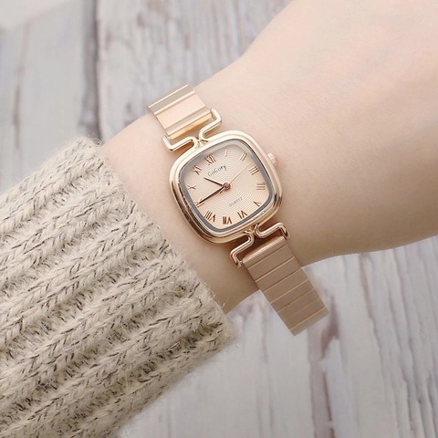 Orologio al Quarzo da Donna alla Moda Elegante Quadrante Quadrato Numeri Romani Cinturino Elastico in Acciaio Inossidabile con Trama a Bambù