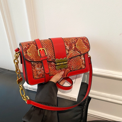 Vintage Umhängetasche Für Damen Mit Schlangenmuster Aus PU Leder Patchwork Schulterhandtasche Mit Metallkette Goldener Schnalle