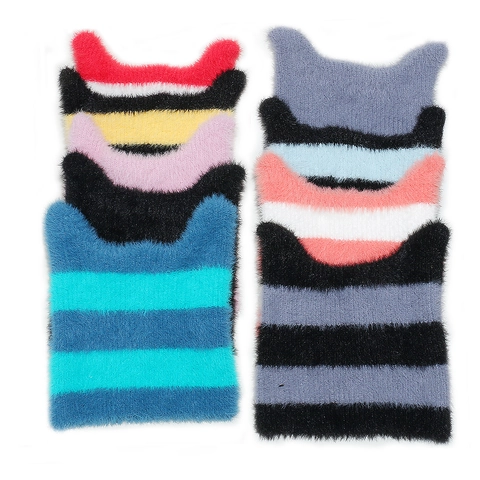 Katzenohr Strickmütze Gestreift Plüsch Y2K Winter Warm Beanie Damen Süß