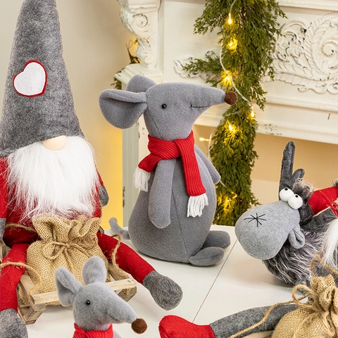 Christmas Gnome Tomte Reindeer Mouse Plush Ornaments With Wooden Sled Burlap Bag Felt Fabric Nordic Holiday Desktop Decor