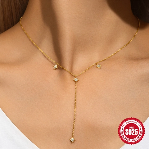 925 Sterlingsilber Achtzackiger Stern Zirkonia Quaste Y-Halskette Für Damen Vergoldet Geometrische Lange Kette Filigraner Schmuck