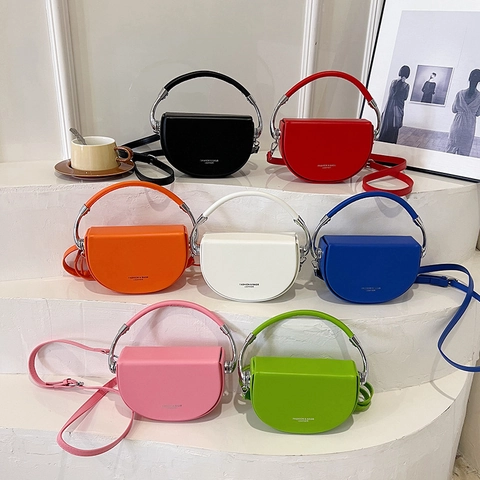 Fashion Saddle Shoulder Bag PU Leather Half Moon Handbag With Metal Handle Solid Color Crossbody Bag For Women