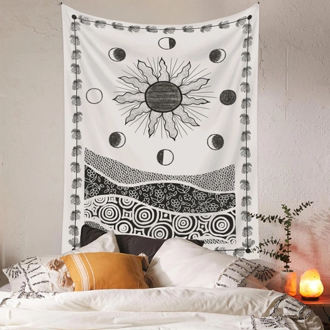 Arazzo Da Parete Bohemien Sole Fasi Lunari Nero Bianco Poliestere Mistico Decorazione Camera Soggiorno