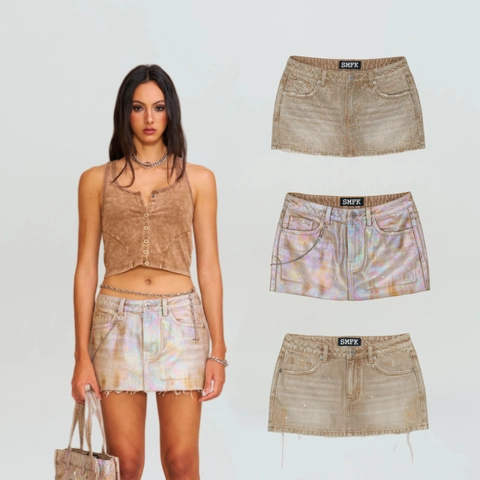 Dames Denim Rok Mini Strass Lage Taille Distressed Ruwe Zoom Irillerende Coating Metalen Ketting Streetwear