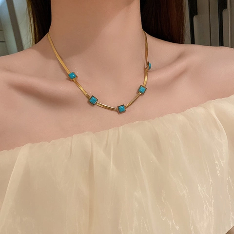Turquoise Stainless Steel Snake Chain Necklace Gold Plated Square Gemstone Bohemian Jewelry For Women