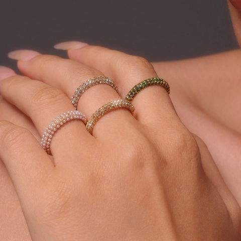 Stainless Steel PVD Gold Plated Ring Pave Zircon Imitation Artificial Pearl Stackable Minimalist Jewelry For Women