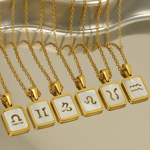 Zodiac Sign Necklace Stainless Steel 18K Gold Plated Rectangular White Shell Mother Of Artificial Pearl Pendant Fashion For Women