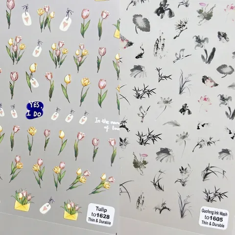 Autocollants 5D Pour Ongles Ultra Minces Résistants Auto-Adhésifs Style Encre De Chine Motif Floral Lotus Tulipe Décoration