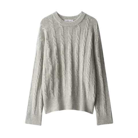 Jersey De Punto Para Mujer Con Cuello Redondo Trenzado Manga Larga Gris Cálido