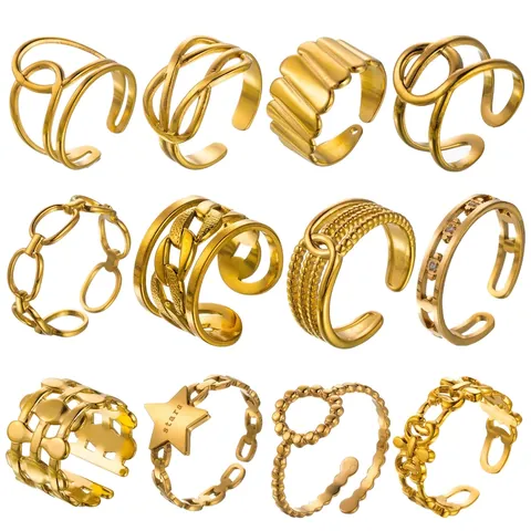 Titanstahl 18K Vergoldet Offener Ring Für Damen Herren Verstellbar Stern Herz Sonne Linie Kette Hohl Minimalistischer Schmuck