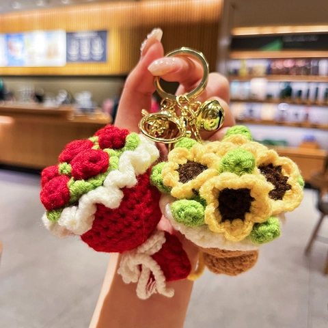 Handmade Crochet Flower Bouquet Keychain Knitted Rose Sunflower Bag Pendant Soft Yarn Gift For Women Girls With Bell