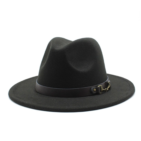 Chapeau Fedora Bord Large Coton Polyester Texture Feutre De Laine Style Rétro Britannique Ceinture Cuir Boucle Mors Métal Mode