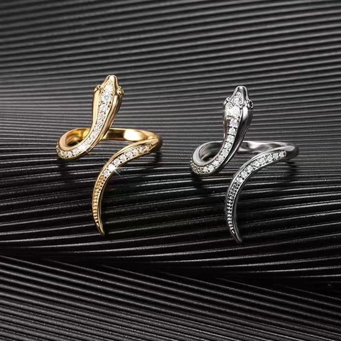 Hip Hop Style Copper Snake Ring For Women Men Adjustable Open Ring Rhinestone Inlaid Fashion Animal Jewelry Gold Silver Ring