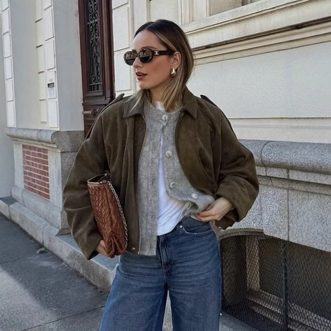 Women Faux Suede Bomber Jacket Lapel Collar Drop Shoulder Zip Up Oversized Outerwear Casual Streetwear Autumn Winter