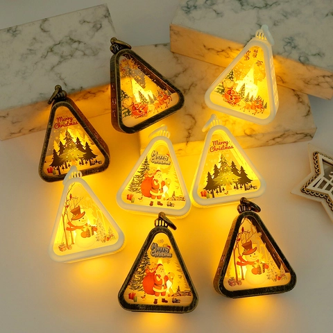 Christmas LED Lantern Night Light Plastic Glass Battery Operated Desktop Hanging Ornament Retro Holiday Decor Santa Elk