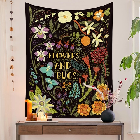 Tapiz De Pared Estético Botánico Flor Insecto Polilla Vintage Negro Tela Decoración Dormitorio