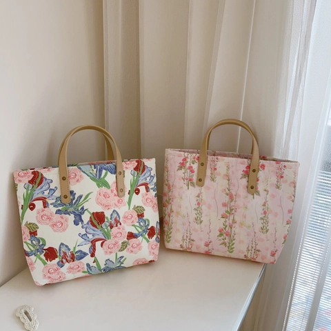 Borsa Tote Floreale In Cotone E Tela Con Manico In Pelle PU Chiusura A Zip Borsa A Mano Pastorale Per Donne Studentesse
