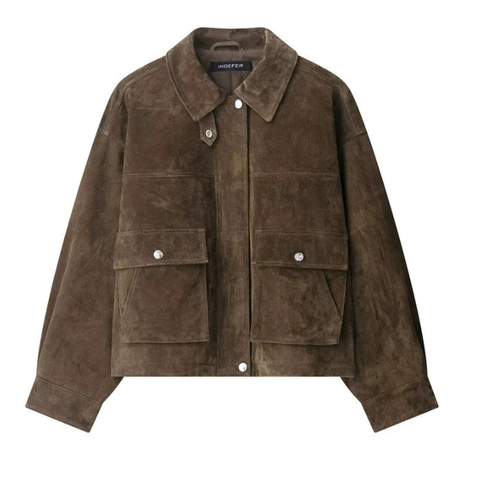 Chaqueta Bomber Mujer Gamuza Color Sólido Solapa Manga Larga Bolsillos Casual Streetwear Chaqueta Corta