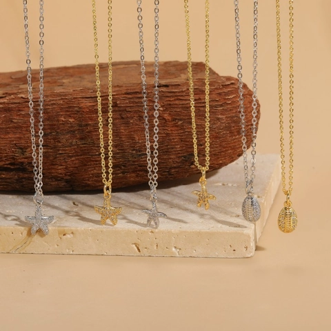 Collana con Pendente in Rame e Zirconia Serie Ocean per Donna Pendente Stella Marina Conchiglia con Intarsio di Zirconia Oro Argento Gioielli Catena Girocollo