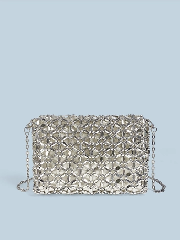 Silver Handmade Woven Beaded Small Square Crossbody Bag Shiny Metal Like Hollow Out Evening Party Handbag For Women