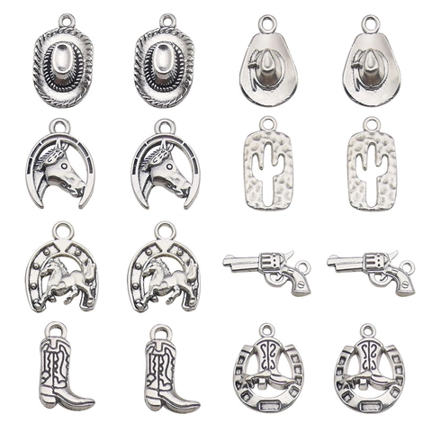 Antique Silver Zinc Alloy Western Cowboy Charms Pendants For DIY Jewelry Making Hat Cactus Boots Revolver Horse Horseshoe