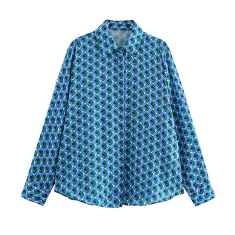 Camicia A Maniche Lunghe Con Motivo Geometrico Risvolto Bottoni Morbida Raso Camicetta Da Ufficio Per Donna