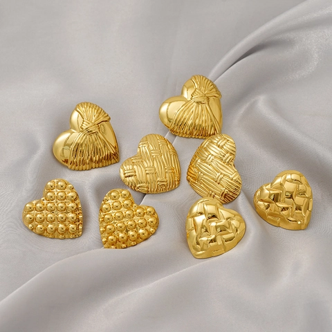Orecchini A Cuore Acciaio Inossidabile Placcato Oro 18K Retro Intrecciato Perline Texture Stile Francese Moda Donna Gioielli