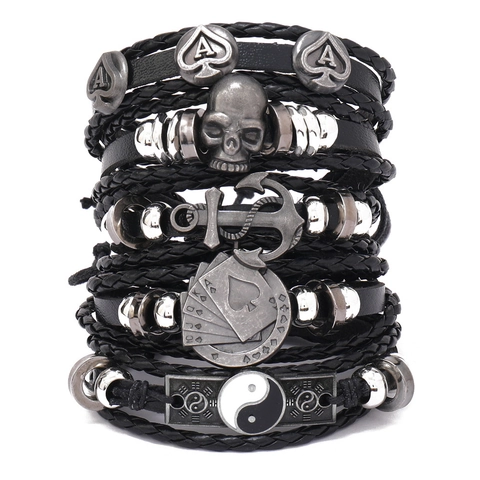 Herren Lederarmband Punk Mehrlagig Totenkopf Anker Poker Yin Yang Vintage Schmuck Zubehör