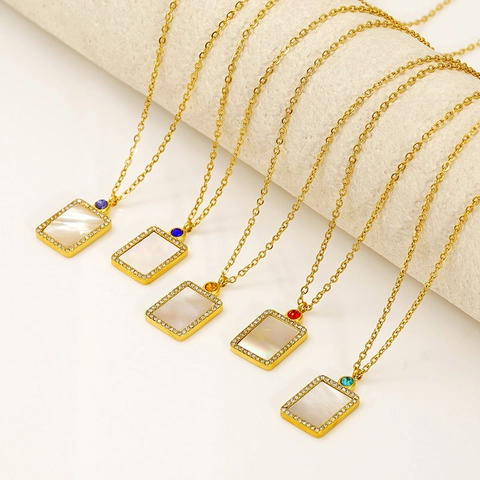 18K Gold Plated Stainless Steel Birthstone Pendant Necklace For Women Mother Of Artificial Pearl Rectangle Shell Cubic Zirconia