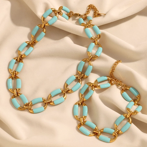 Set Di Gioielli In Acciaio Inossidabile Placcato Oro 18K Smalto Blu Catena Grossa Ovale Collana E Bracciale Per Donna Accessori Moda