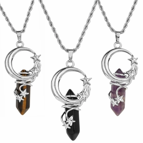 Hexagonal Stein Säule Anhänger Halskette Kupfer Mond Stern Wrap Edelstahl Kette Böhmischen Vintage Schmuck Frauen
