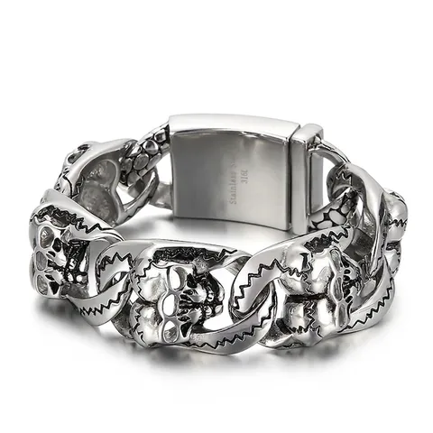 Bracciale A Catena Con Testa Di Teschio Da Uomo Vintage Distressed Acciaio Inossidabile 316L Punk Rock Gothic Catena Pesante