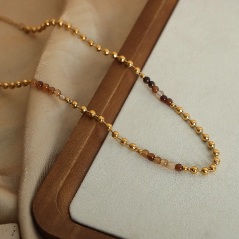 Collar de Cuentas de Acero de Titanio Vintage Piedra Natural Cuentas Doradas Collar Hecho a Mano para Mujer Joyería Estilo Antiguo