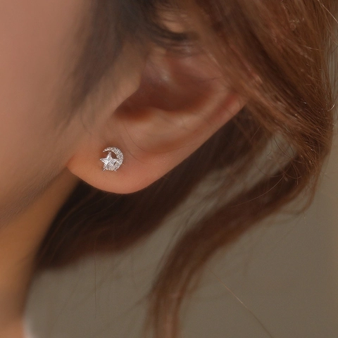925 Sterling Silver Moon Star Stud Earrings For Women Shiny Rhinestone Micro Inlaid Dainty Minimalist Fashion Jewelry Ear Accessory