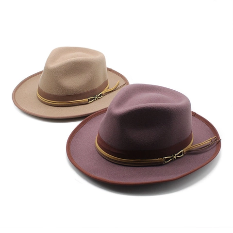 Vintage Woolen Felt Fedora Hat Wide Brim British Style Jazz Cap For Men Women Autumn Winter Decoration Buckle Belt
