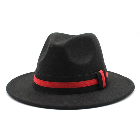 Cappello Fedora A Tesa Larga In Feltro Di Lana Cappello Jazz Con Nastro A Righe Rosso Nero Stile Retro