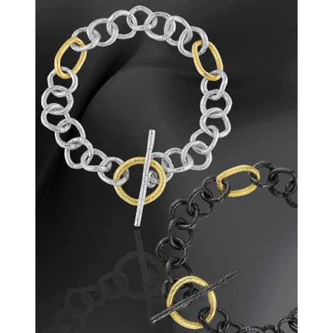 925 Sterling Silver Bracelet Chunky Chain With OT Toggle Clasp Hammered Texture Two Tone Minimalist Industrial Style Jewelry For Women