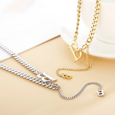 Stainless Steel Letter B Pendant Necklace Cuban Link Chain Fashion Jewelry For Women Elegant Y Shape Electroplated